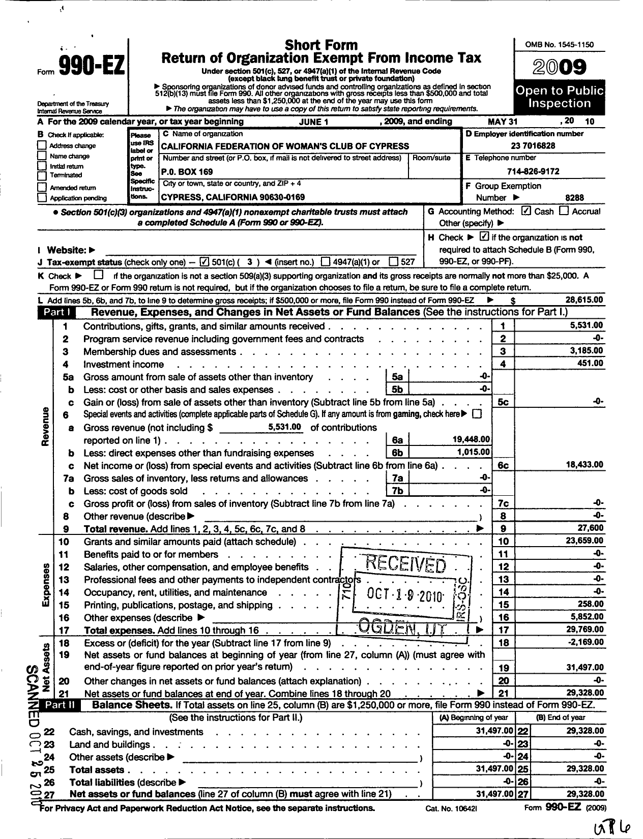 Image of first page of 2009 Form 990EZ for CALIFORNIA FEDERATION OF Women's CLUBS - GFWC Womans Club OF Cypress