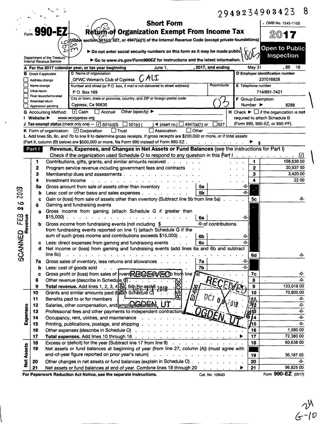 Image of first page of 2017 Form 990EZ for CALIFORNIA FEDERATION OF Women's CLUBS - GFWC Womans Club OF Cypress