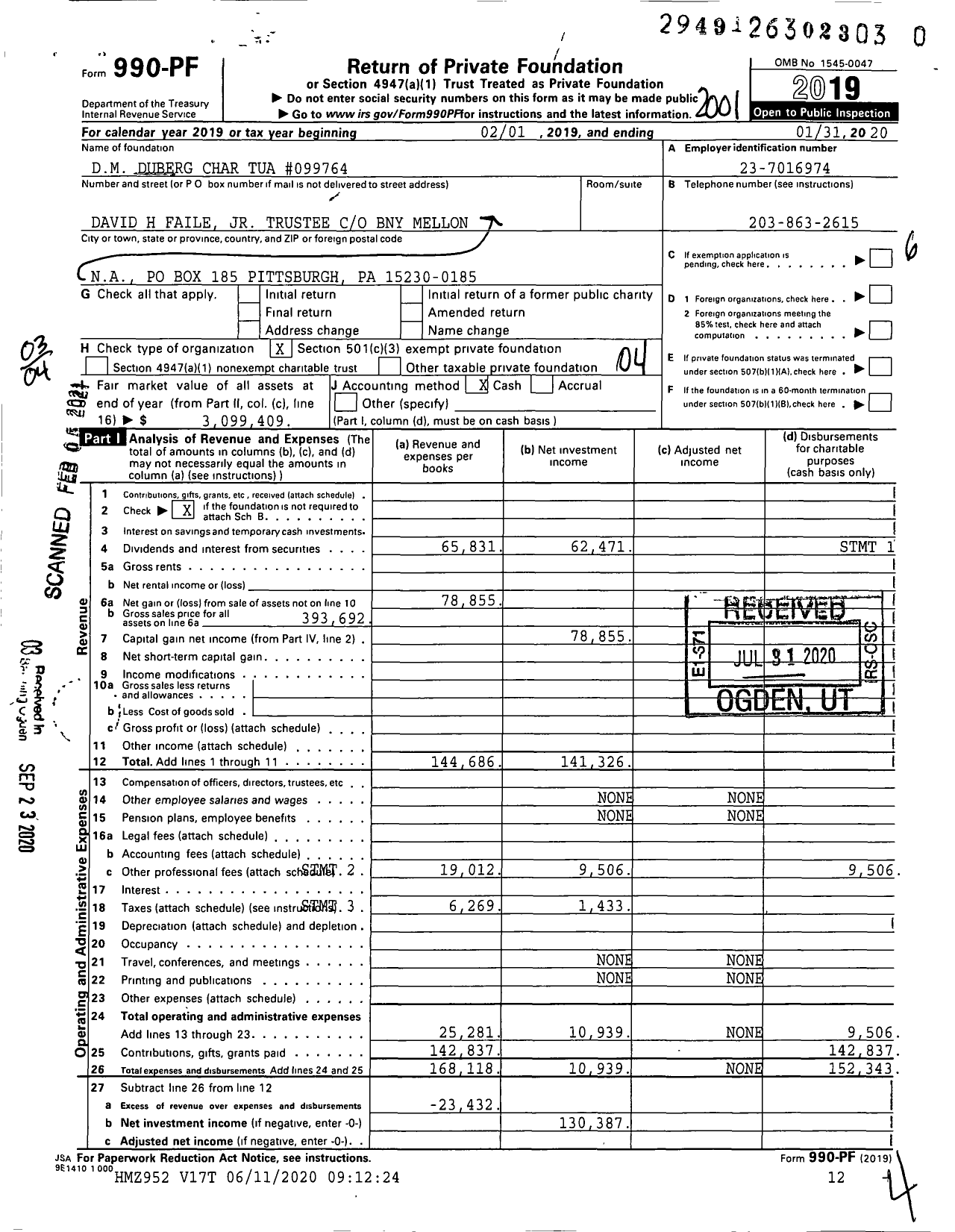 Image of first page of 2019 Form 990PF for DM Duberg Char Tua #099764