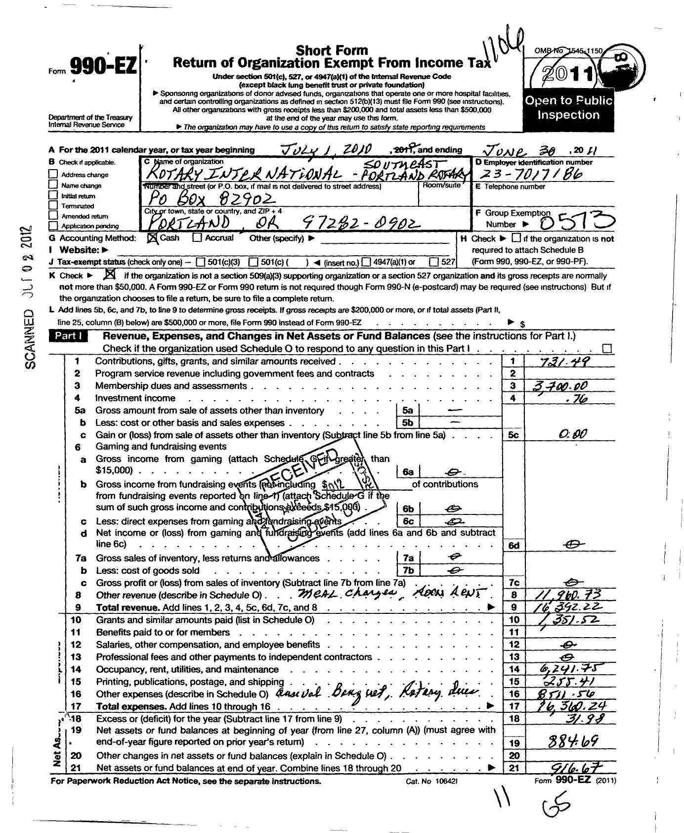 Image of first page of 2010 Form 990EO for Rotary International - Southeast Portland