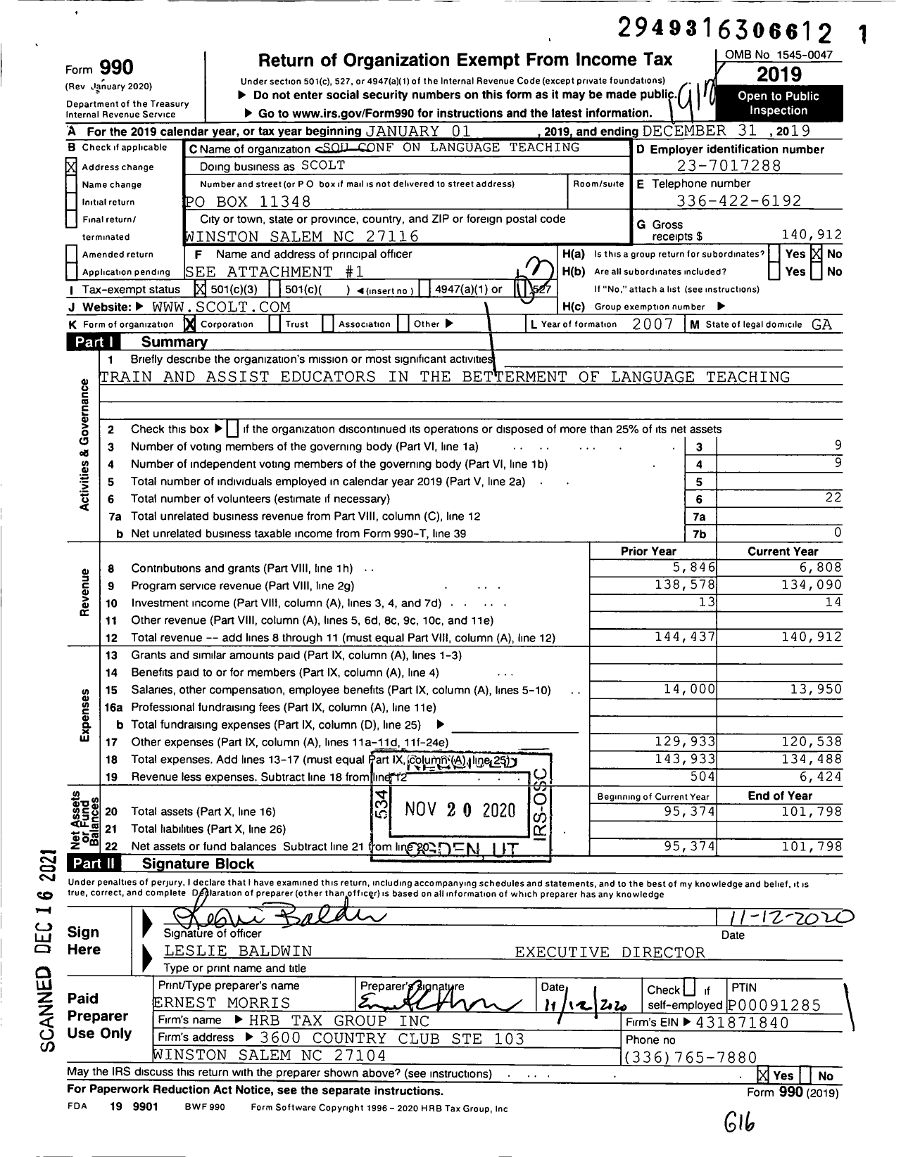 Image of first page of 2019 Form 990 for Southern Conference on Language Teaching (SCOLT)