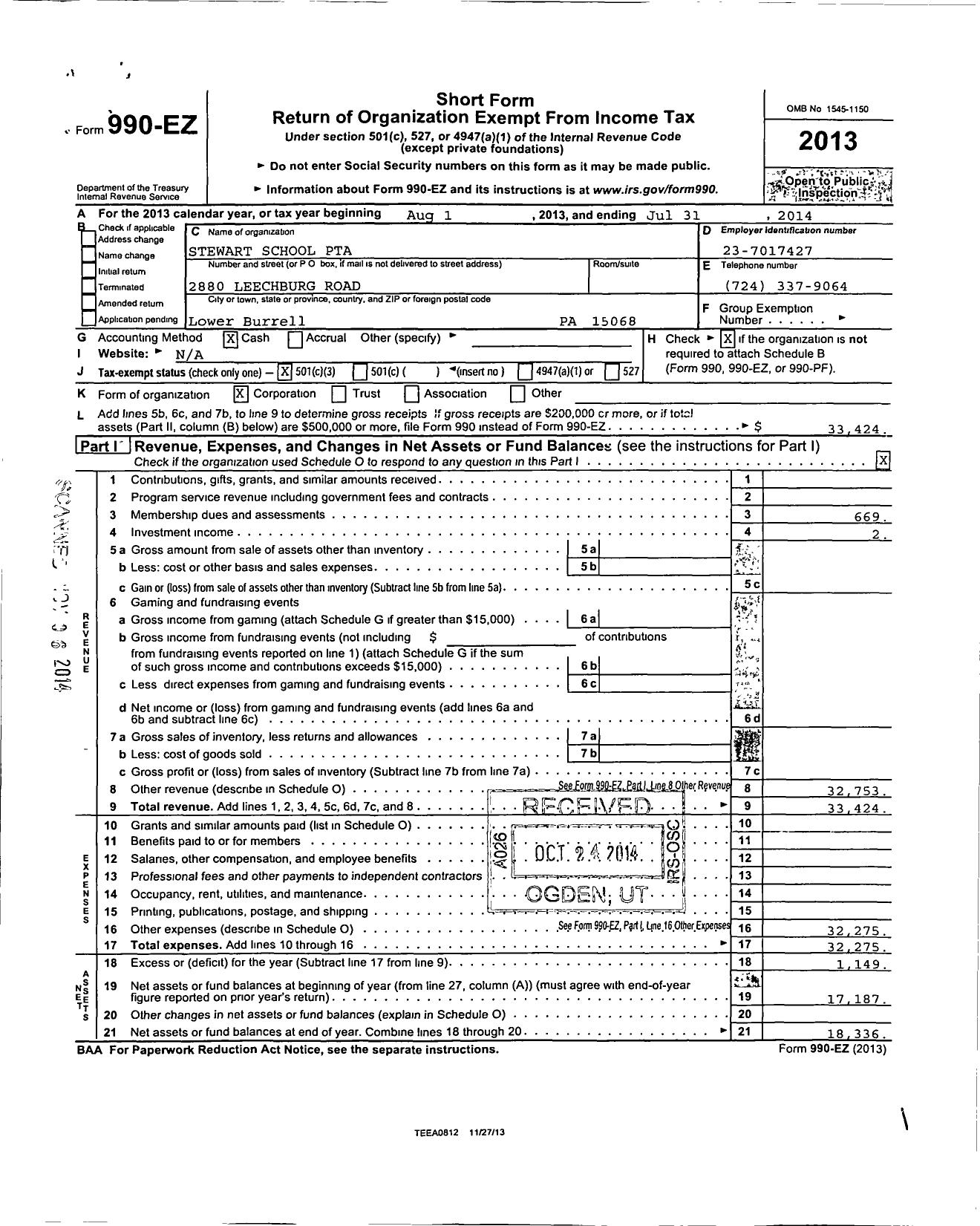 Image of first page of 2013 Form 990EZ for PTA Pennsylvania Congress / Stewart PTA