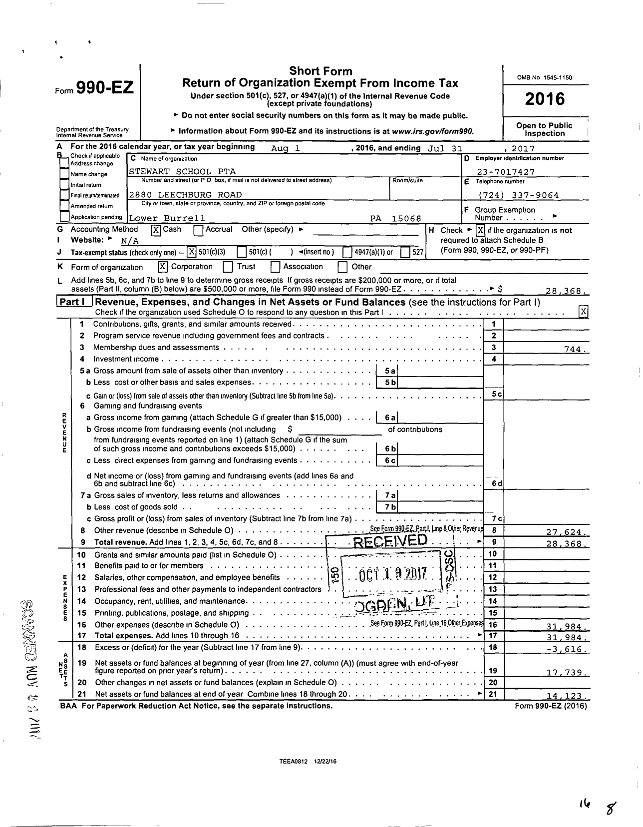 Image of first page of 2016 Form 990EZ for PTA Pennsylvania Congress / Stewart PTA