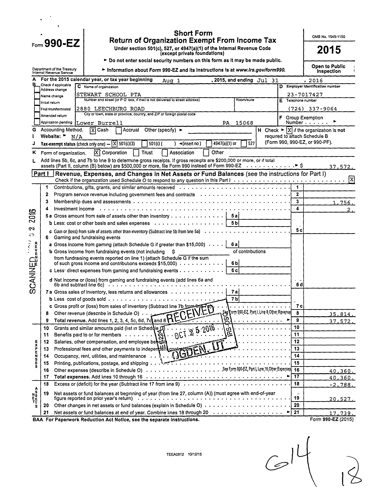 Image of first page of 2015 Form 990EZ for PTA Pennsylvania Congress / Stewart PTA