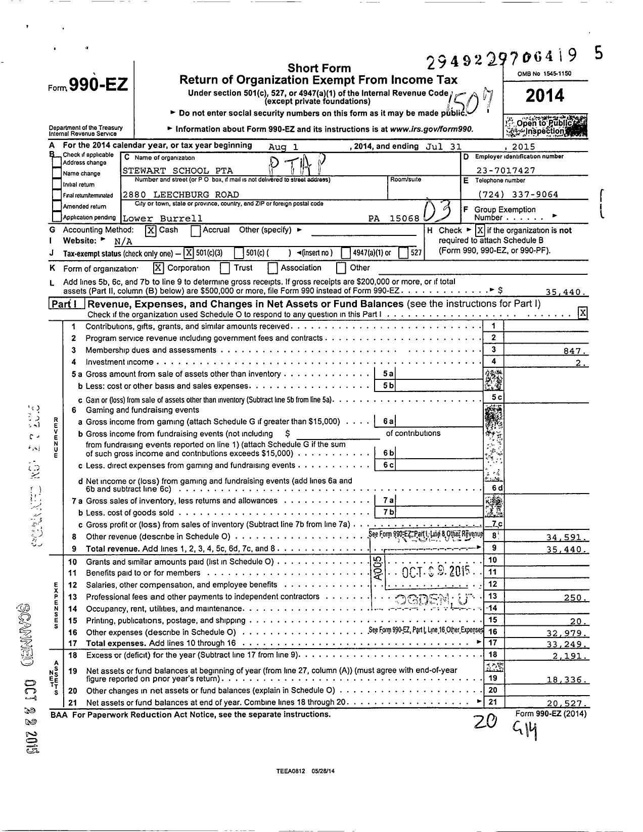 Image of first page of 2014 Form 990EZ for PTA Pennsylvania Congress / Stewart PTA