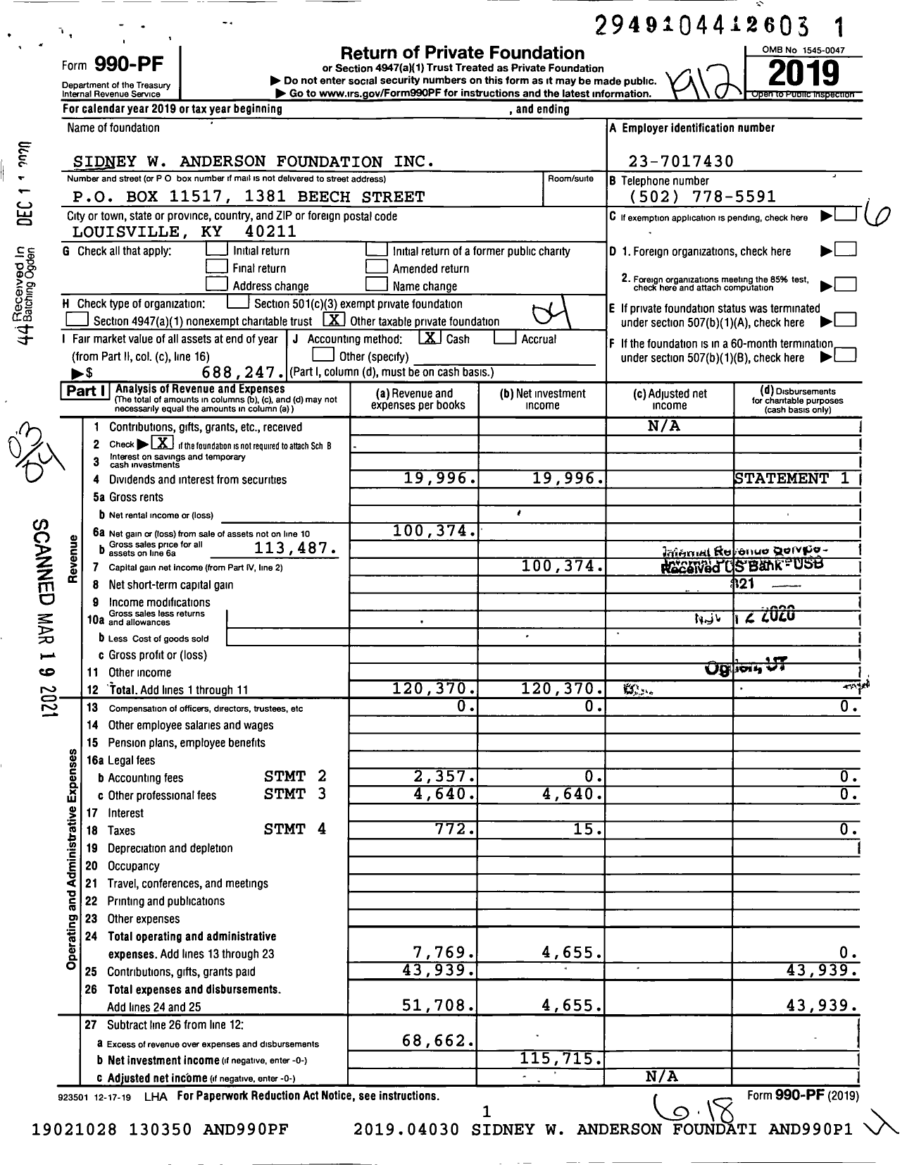 Image of first page of 2019 Form 990PF for Sidney W Anderson Foundation