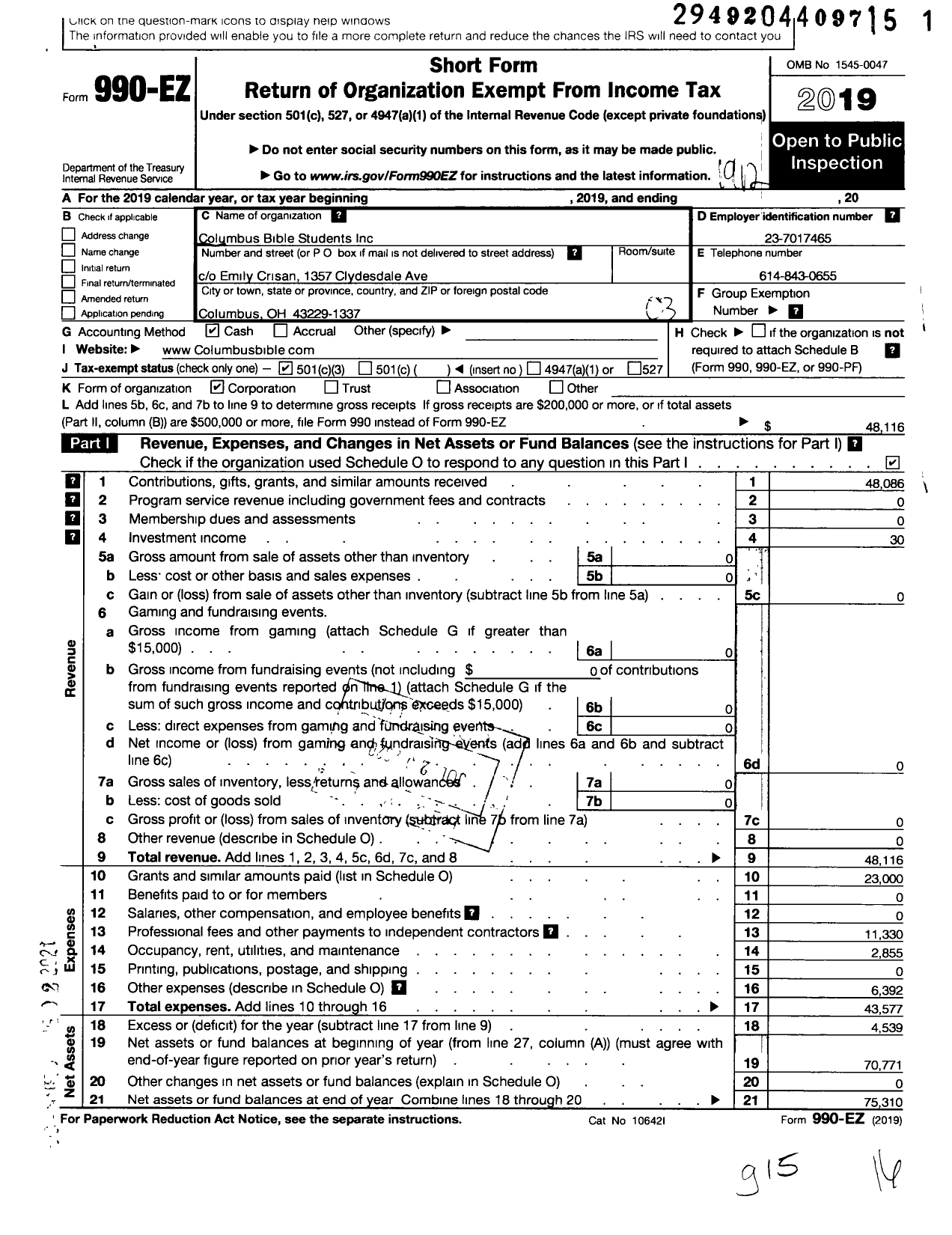 Image of first page of 2019 Form 990EZ for Columbus Bible Students