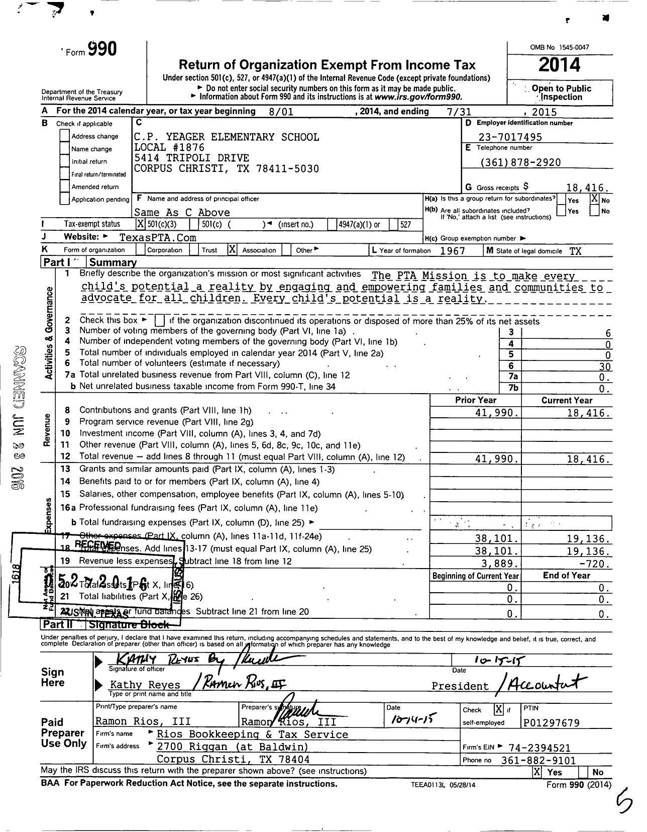 Image of first page of 2014 Form 990 for Texas PTA - C P Yeager Elementary