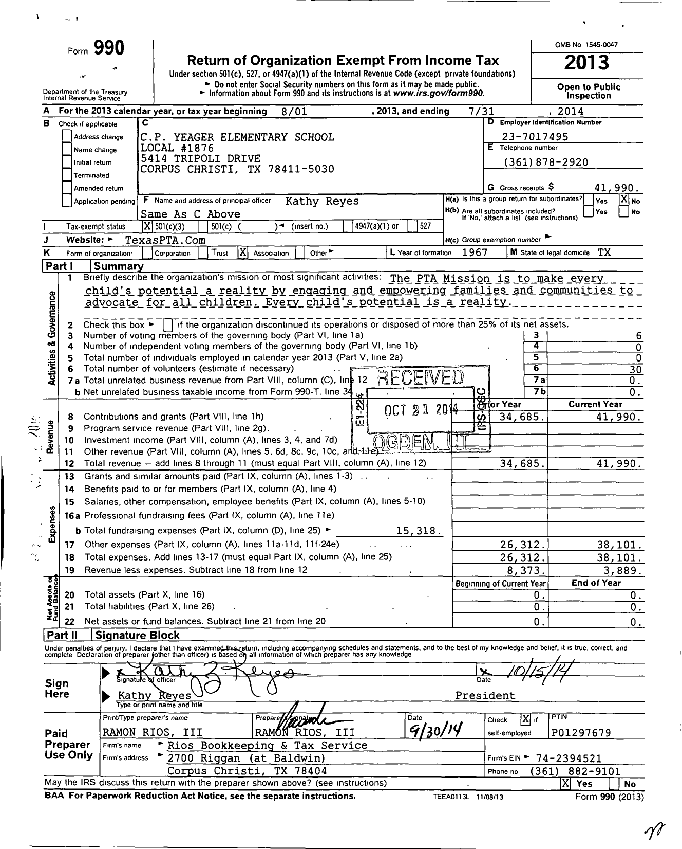 Image of first page of 2013 Form 990 for Texas PTA - C P Yeager Elementary