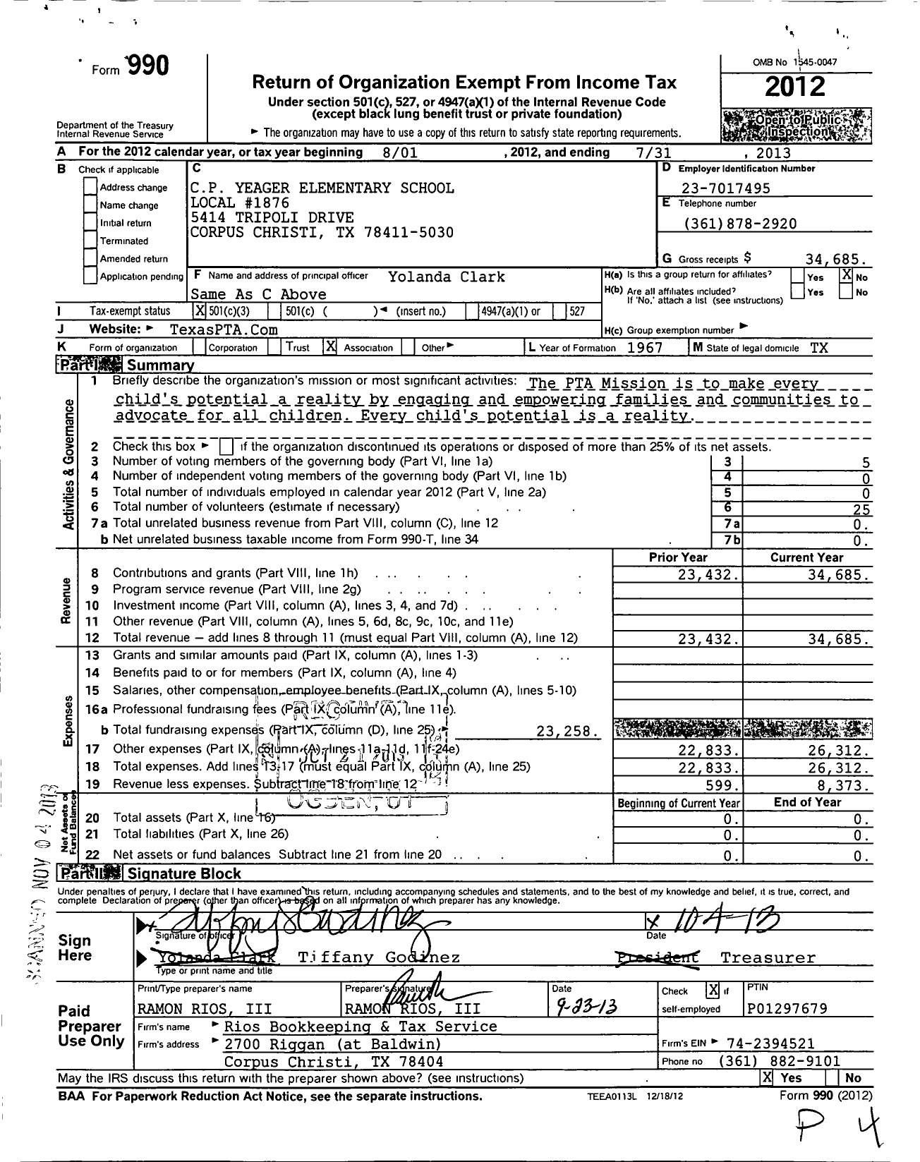 Image of first page of 2012 Form 990 for Texas PTA - C P Yeager Elementary