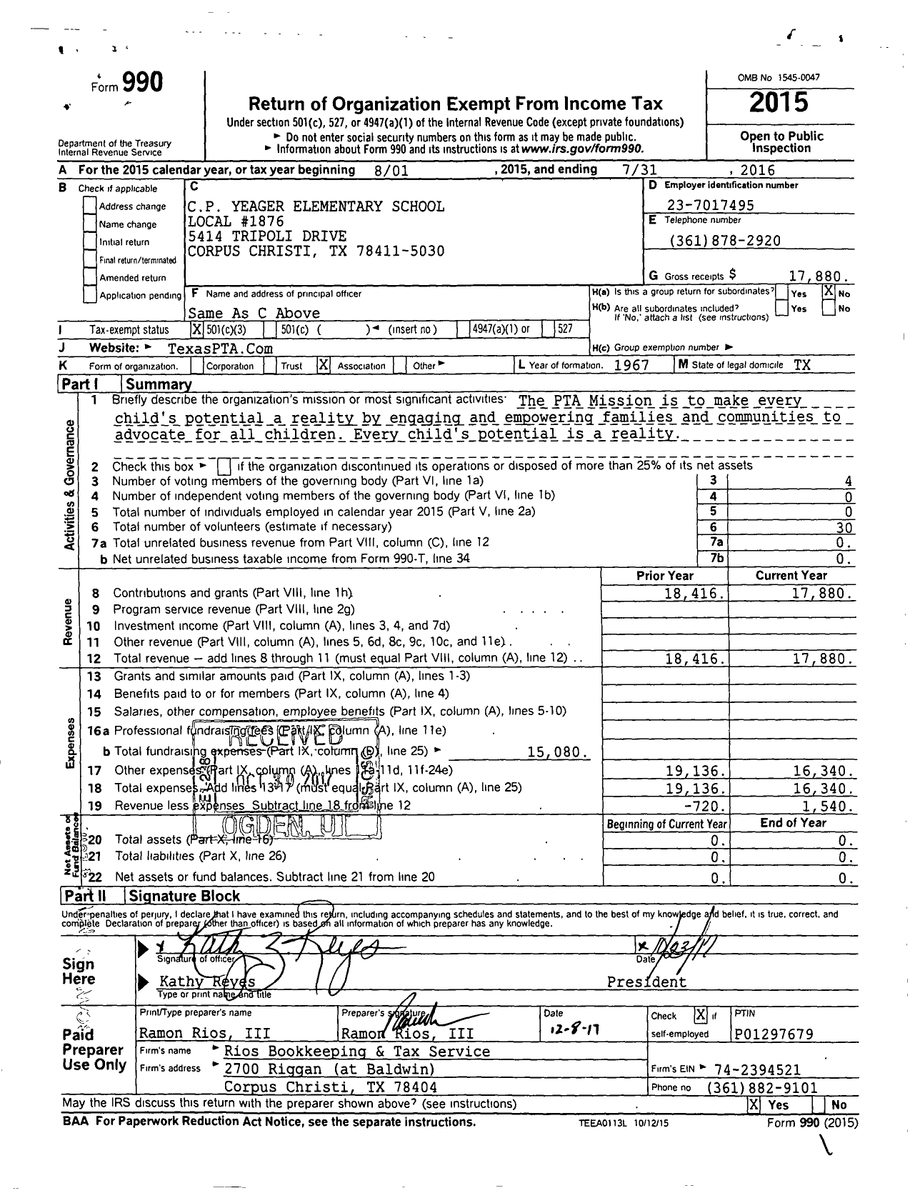 Image of first page of 2015 Form 990 for Texas PTA - C P Yeager Elementary