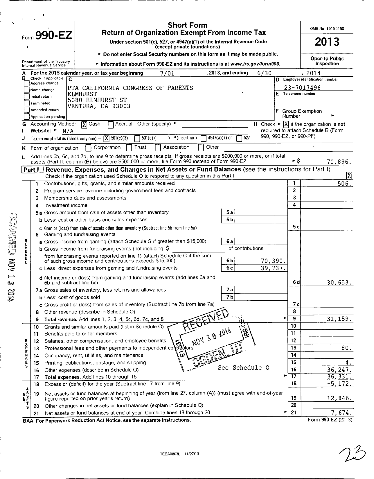 Image of first page of 2013 Form 990EZ for California State PTA - Elmhurst Elementary PTA