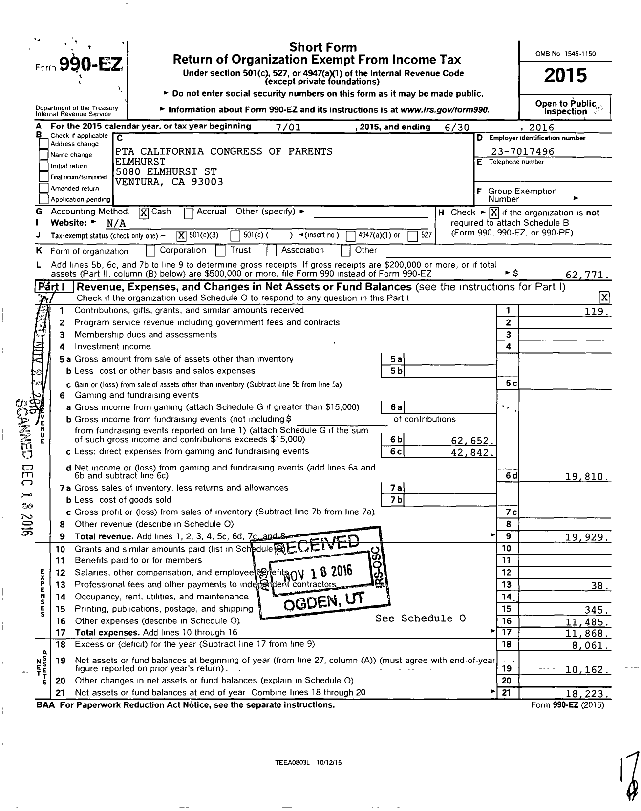 Image of first page of 2015 Form 990EZ for California State PTA - Elmhurst Elementary PTA