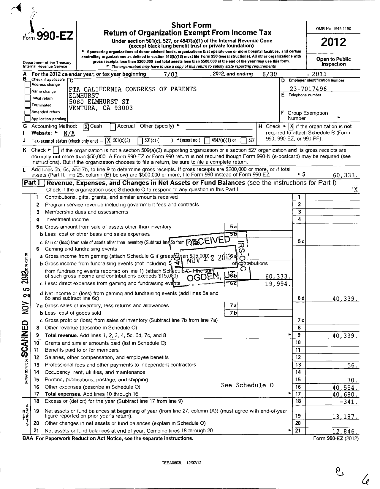 Image of first page of 2012 Form 990EZ for California State PTA - Elmhurst Elementary PTA