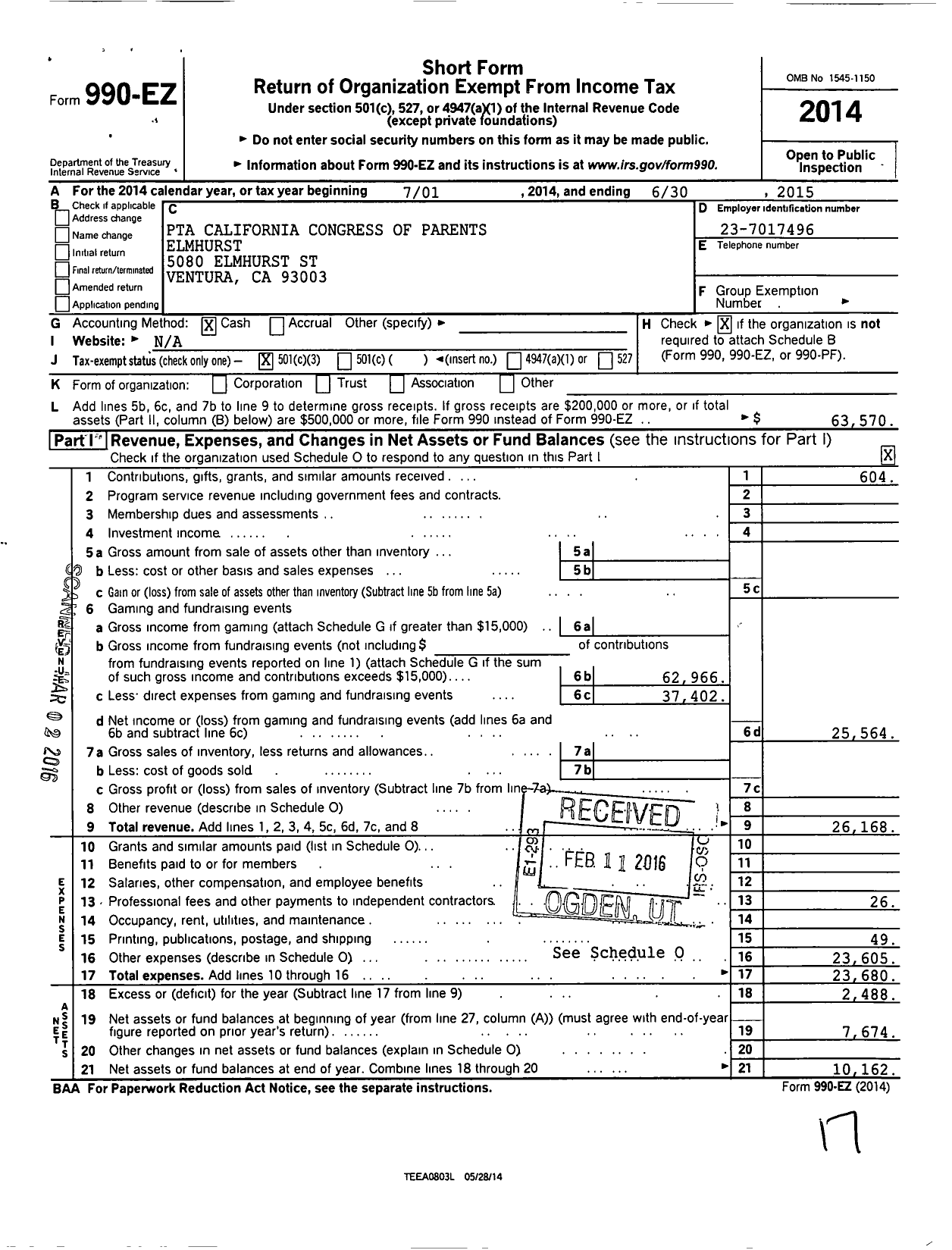 Image of first page of 2014 Form 990EZ for California State PTA - Elmhurst Elementary PTA