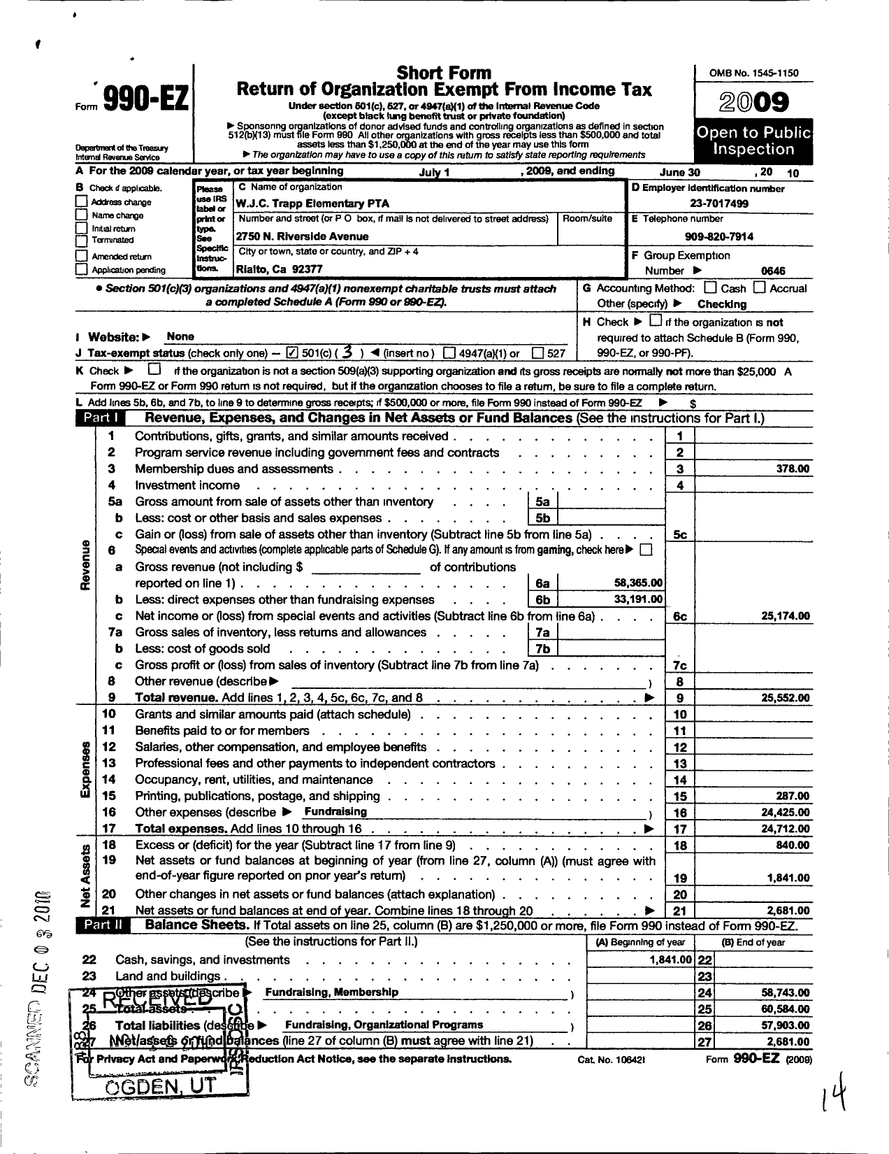 Image of first page of 2009 Form 990EZ for California State PTA - W J C Trapp Elementary PTA