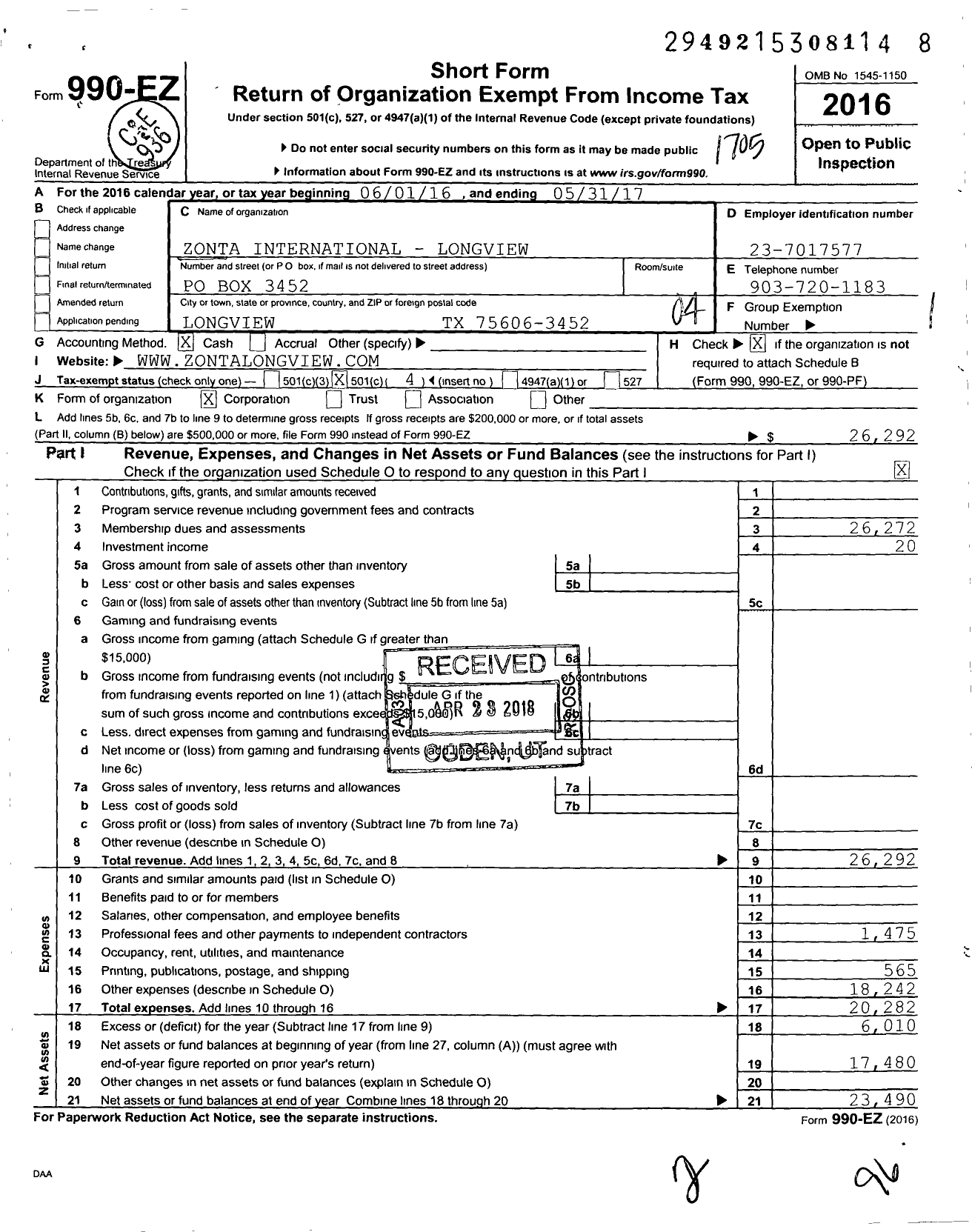 Image of first page of 2016 Form 990EO for Zonta International Longview