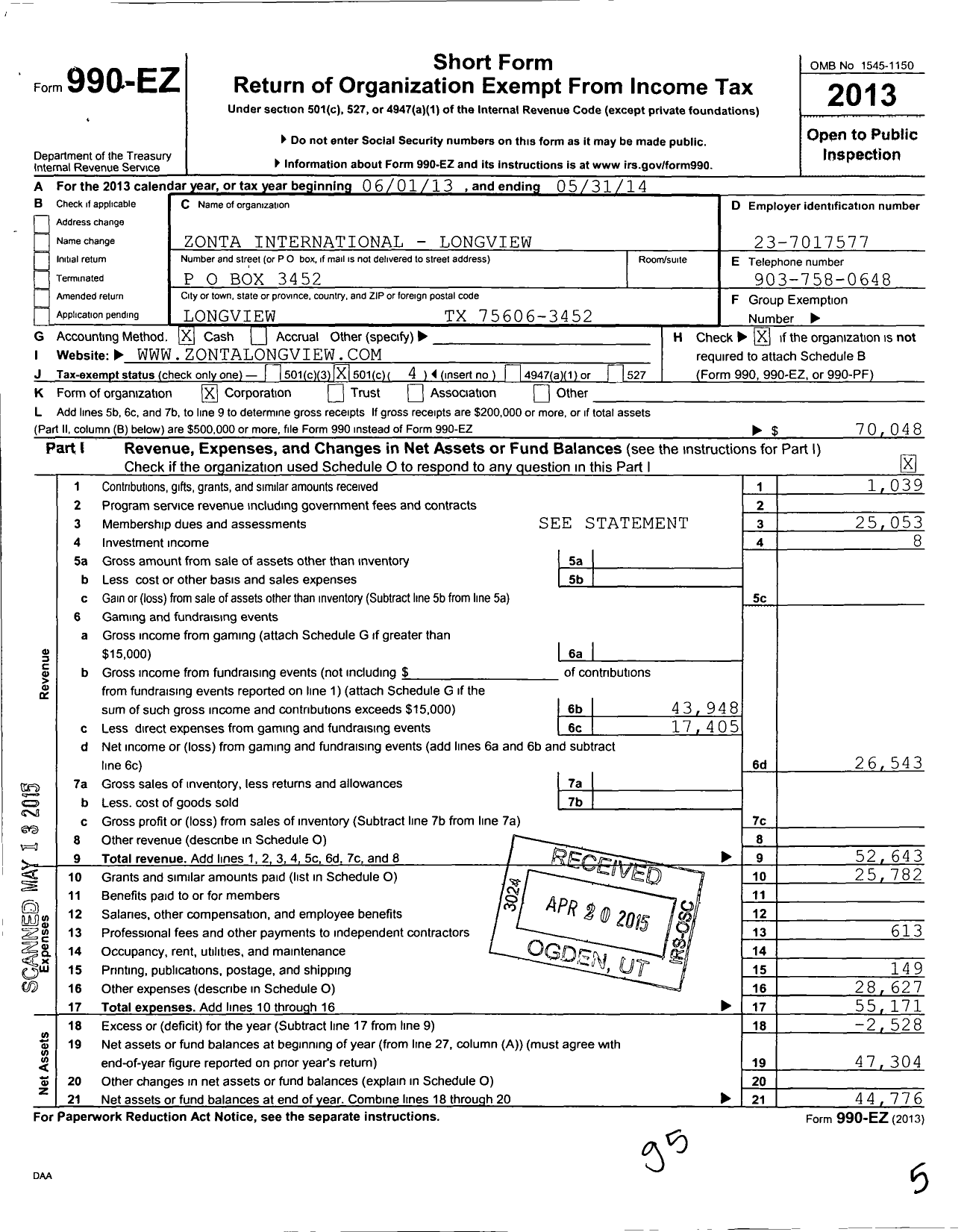 Image of first page of 2013 Form 990EO for Zonta International Longview