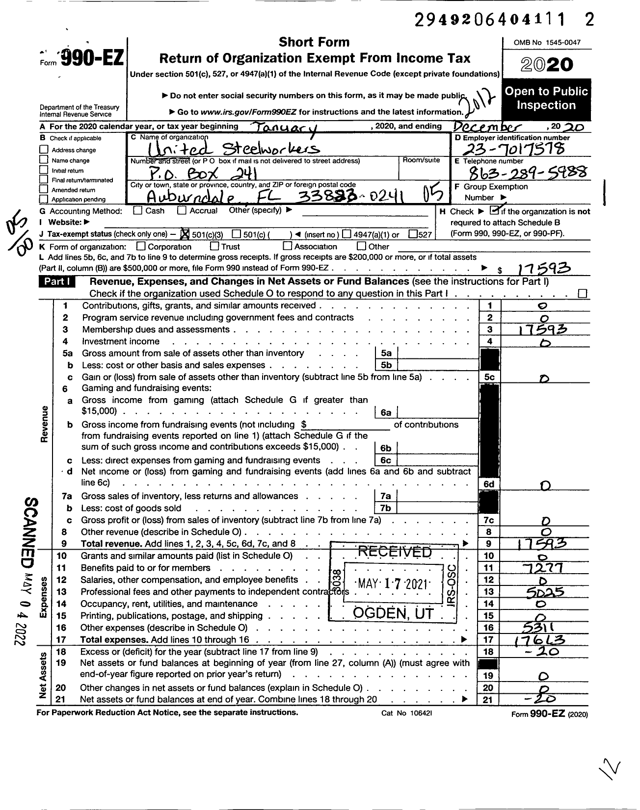 Image of first page of 2020 Form 990EO for United Steelworkers - 00475 Local