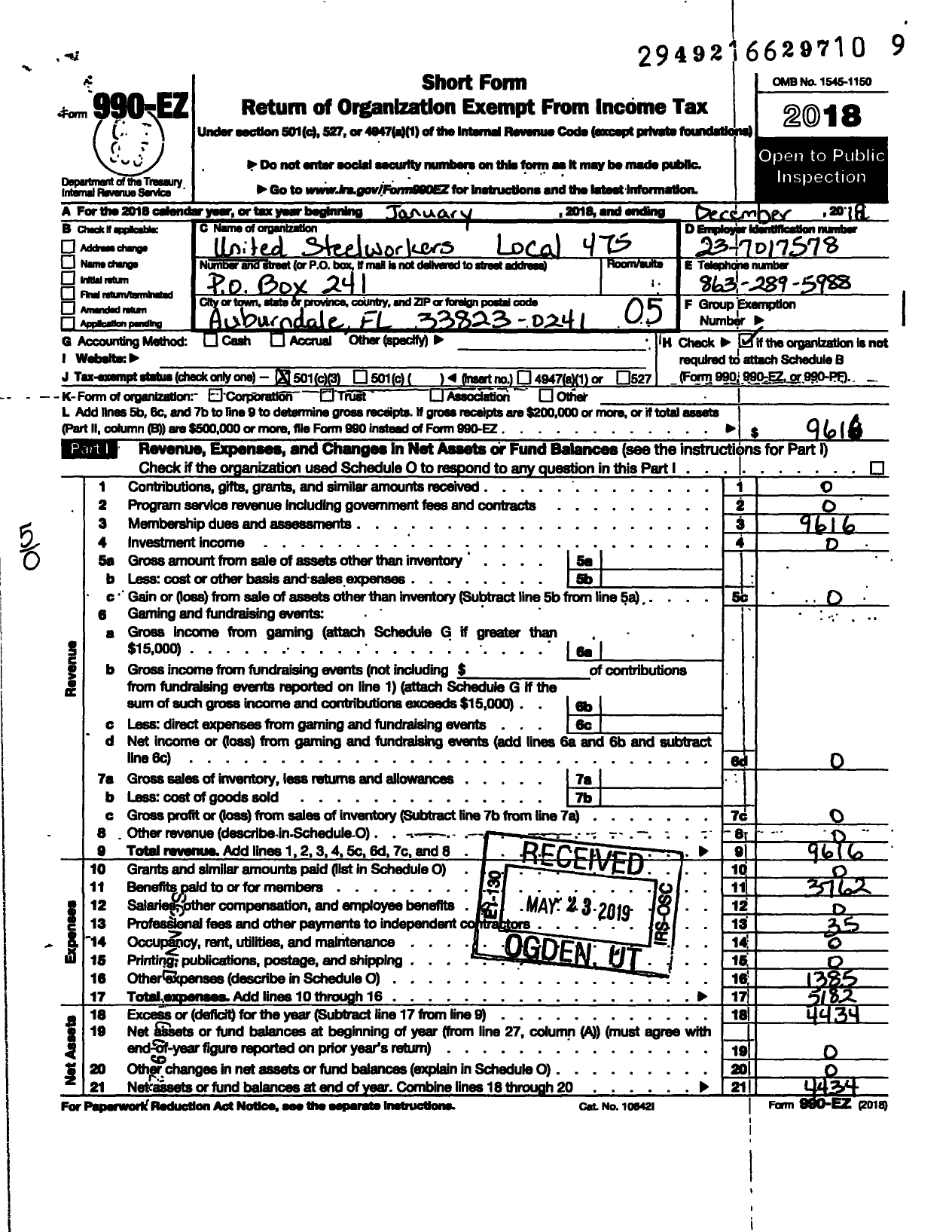 Image of first page of 2018 Form 990EO for United Steelworkers - 00475 Local