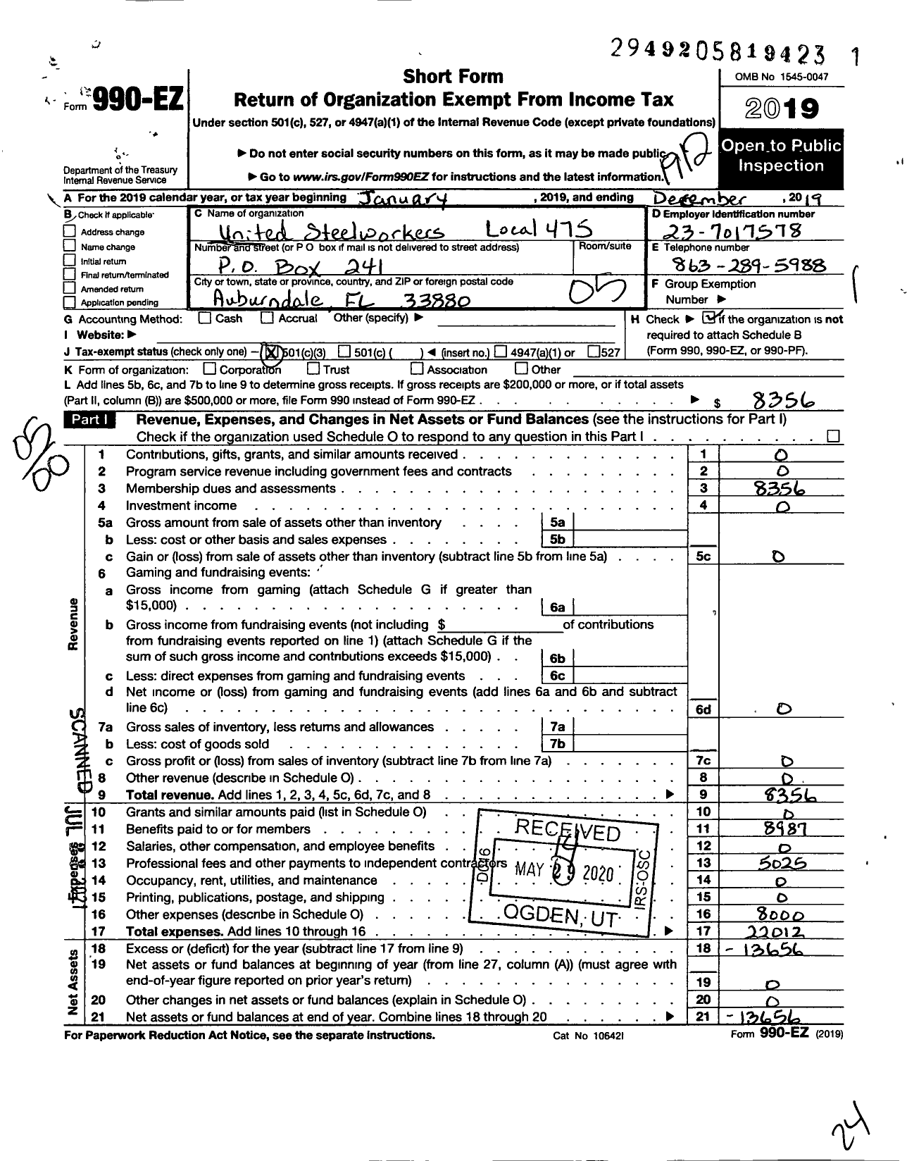 Image of first page of 2019 Form 990EO for United Steelworkers - 00475 Local