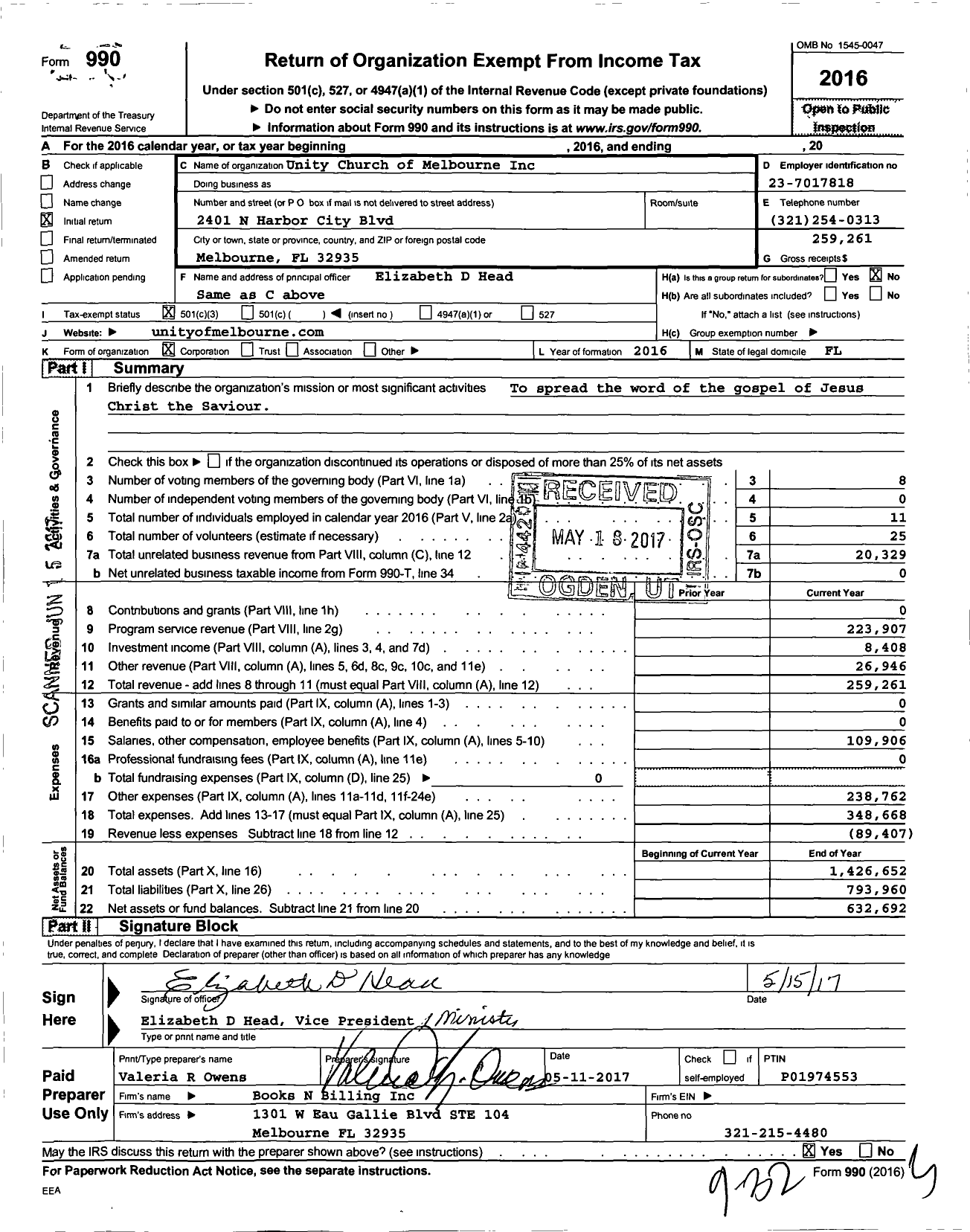 Image of first page of 2016 Form 990 for Unity Church of Melbourne