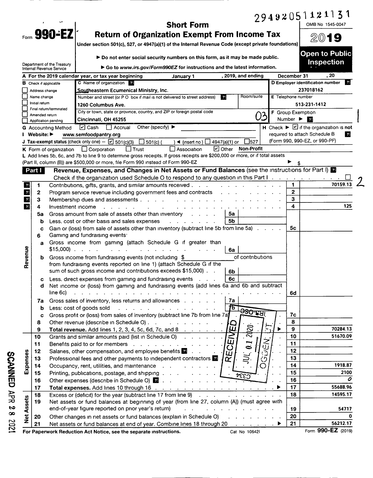 Image of first page of 2019 Form 990EZ for Southeastern Ecumenical Ministry