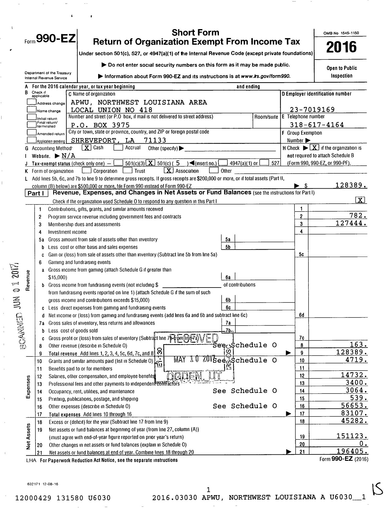 Image of first page of 2016 Form 990EO for American Postal Workers Union - 418 Northwest Louisiana Area Local