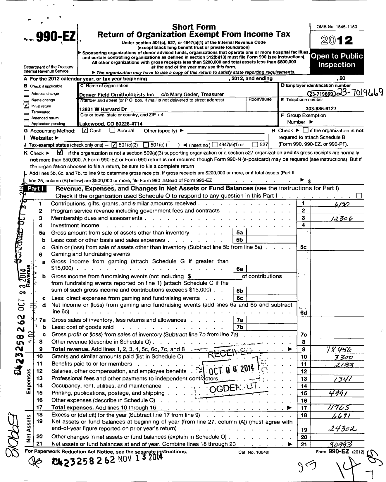 Image of first page of 2012 Form 990EZ for Denver Field Ornithologists