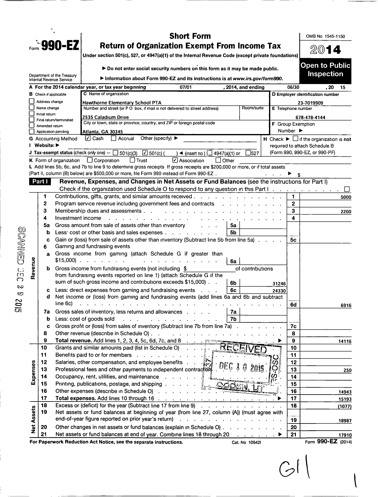 Image of first page of 2014 Form 990EO for Georgia PTA - Hawthorne Es PTA