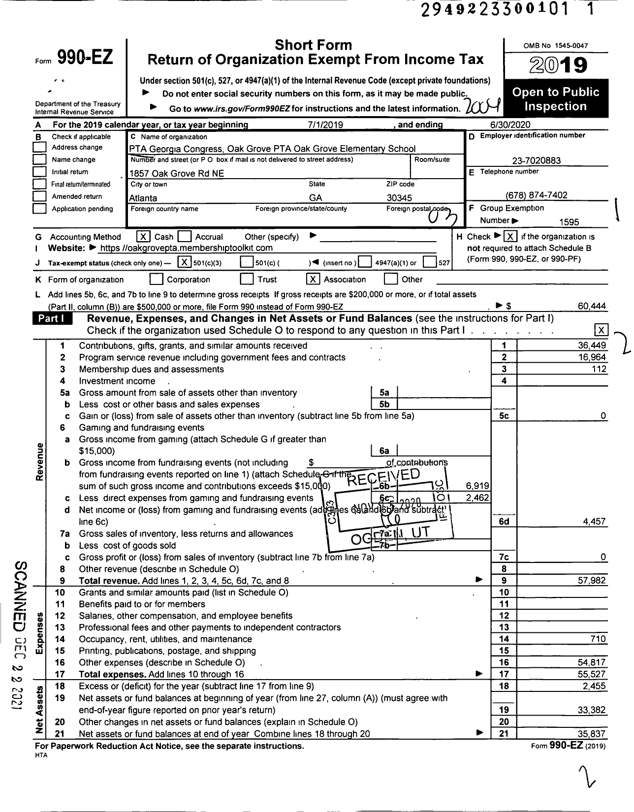 Image of first page of 2019 Form 990EZ for GEORGIA PTA - Oak Grove PTA