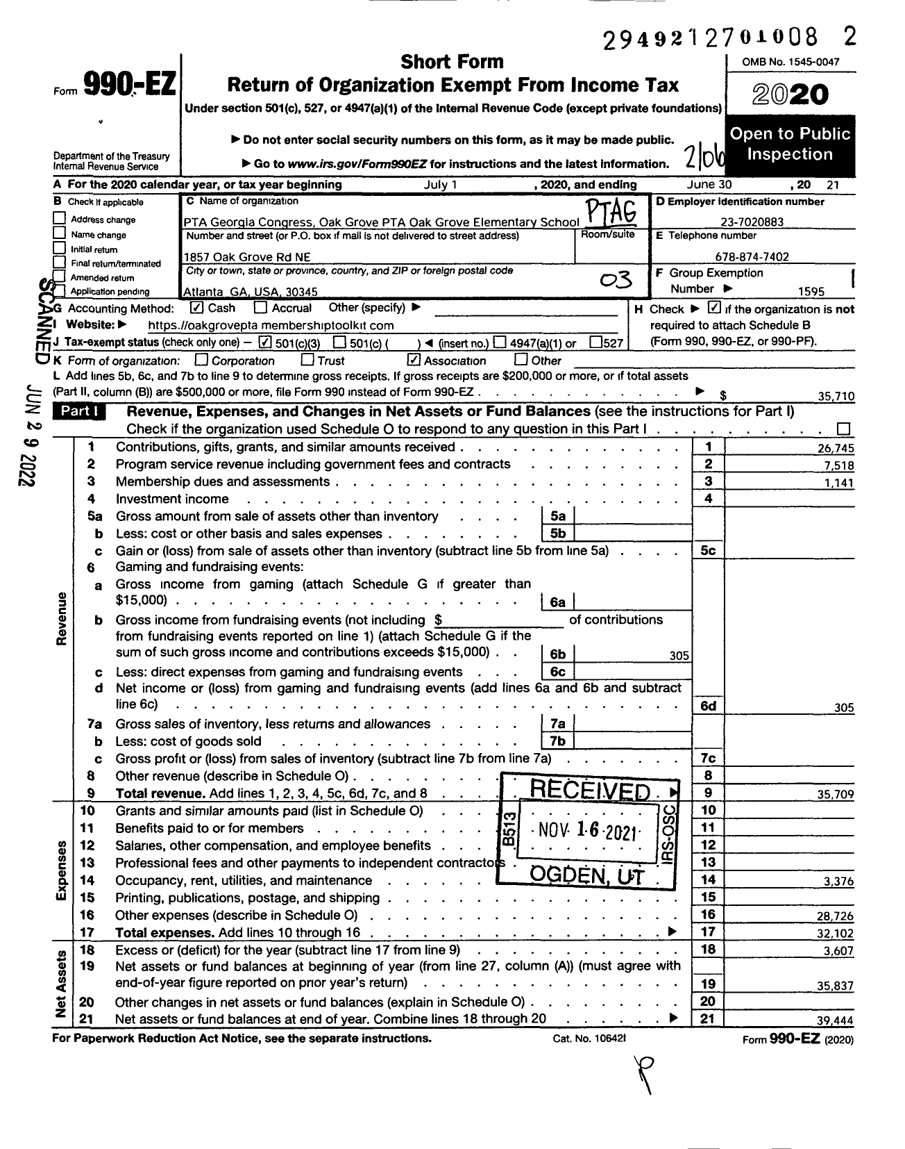 Image of first page of 2020 Form 990EZ for GEORGIA PTA - Oak Grove PTA