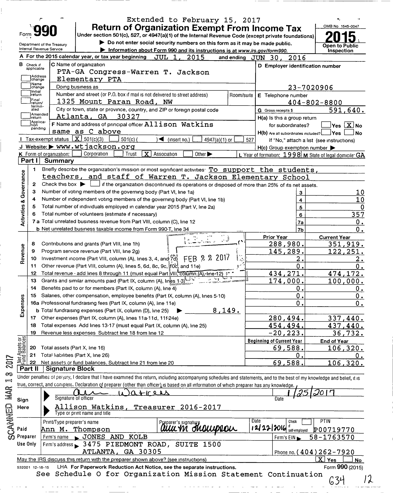 Image of first page of 2015 Form 990 for Georgia PTA - Warren T Jackson Es PTA