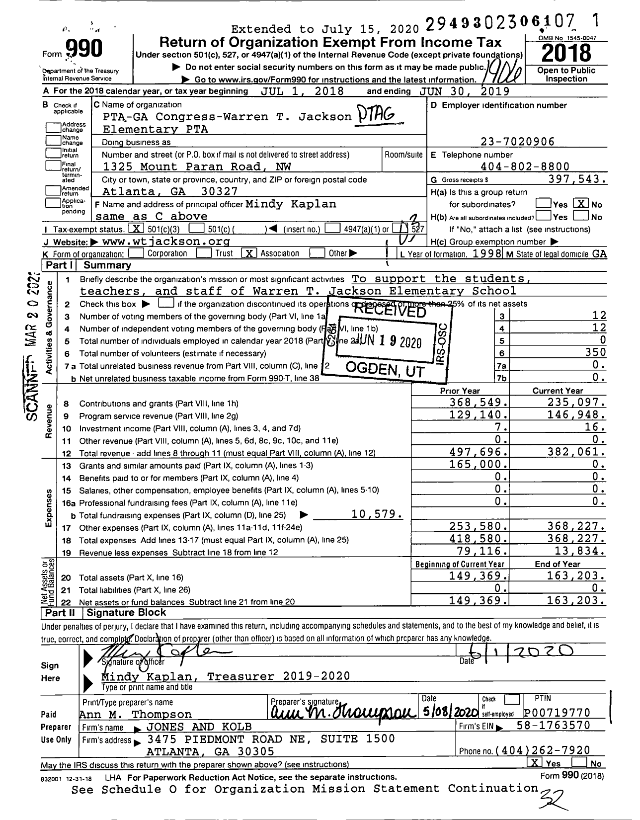 Image of first page of 2018 Form 990 for Georgia PTA - Warren T Jackson Es PTA