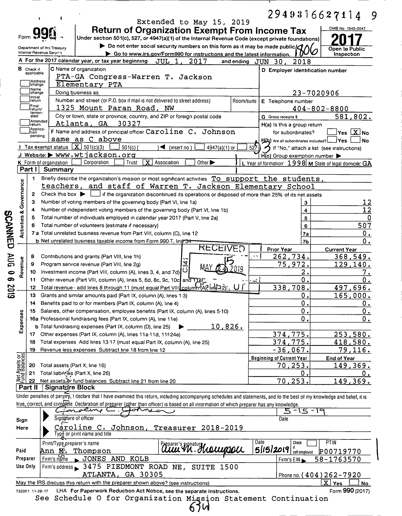 Image of first page of 2017 Form 990 for Georgia PTA - Warren T Jackson Es PTA