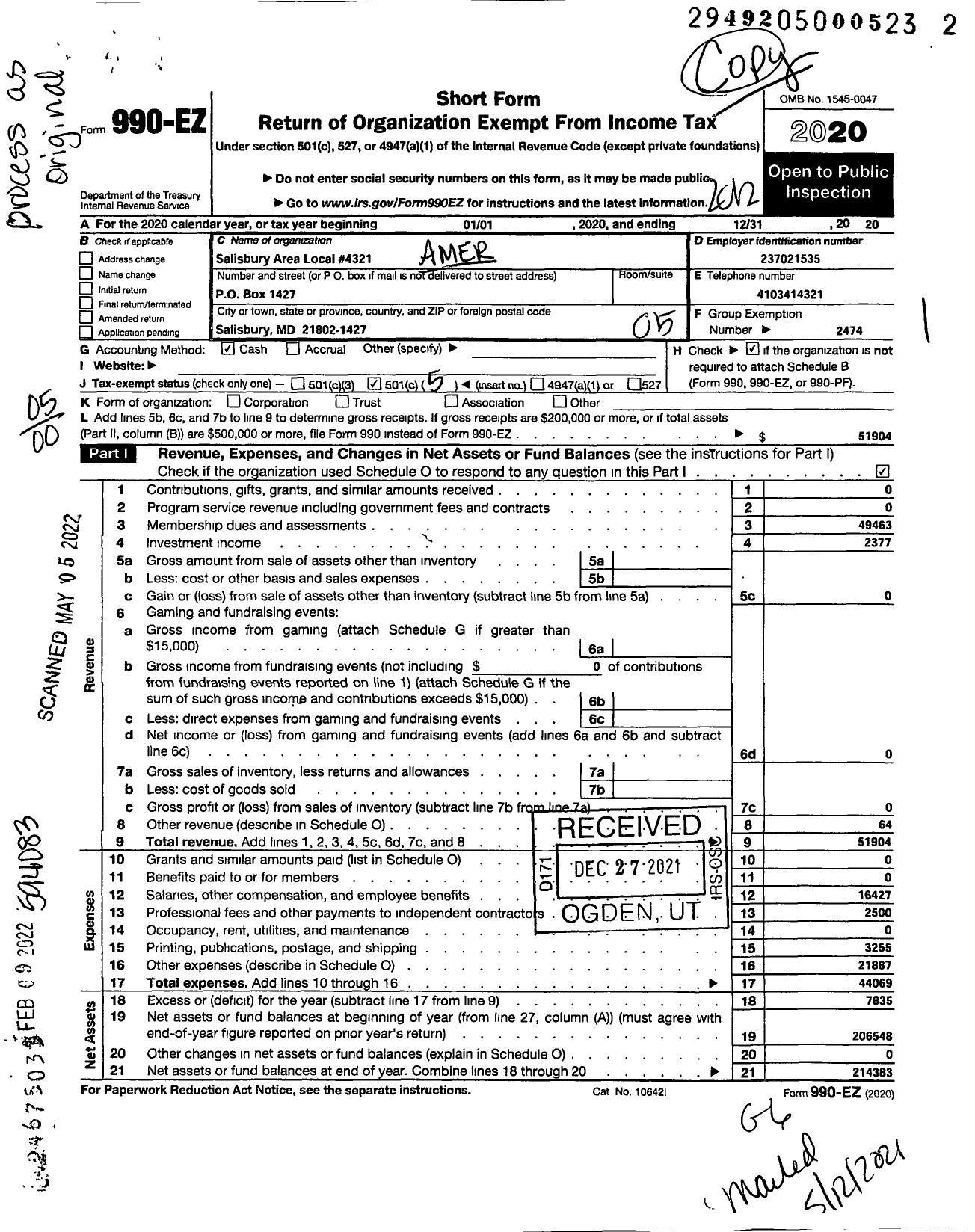 Image of first page of 2020 Form 990EO for AMERICAN POSTAL WORKERS UNION - 4321 Salisbury Area Local