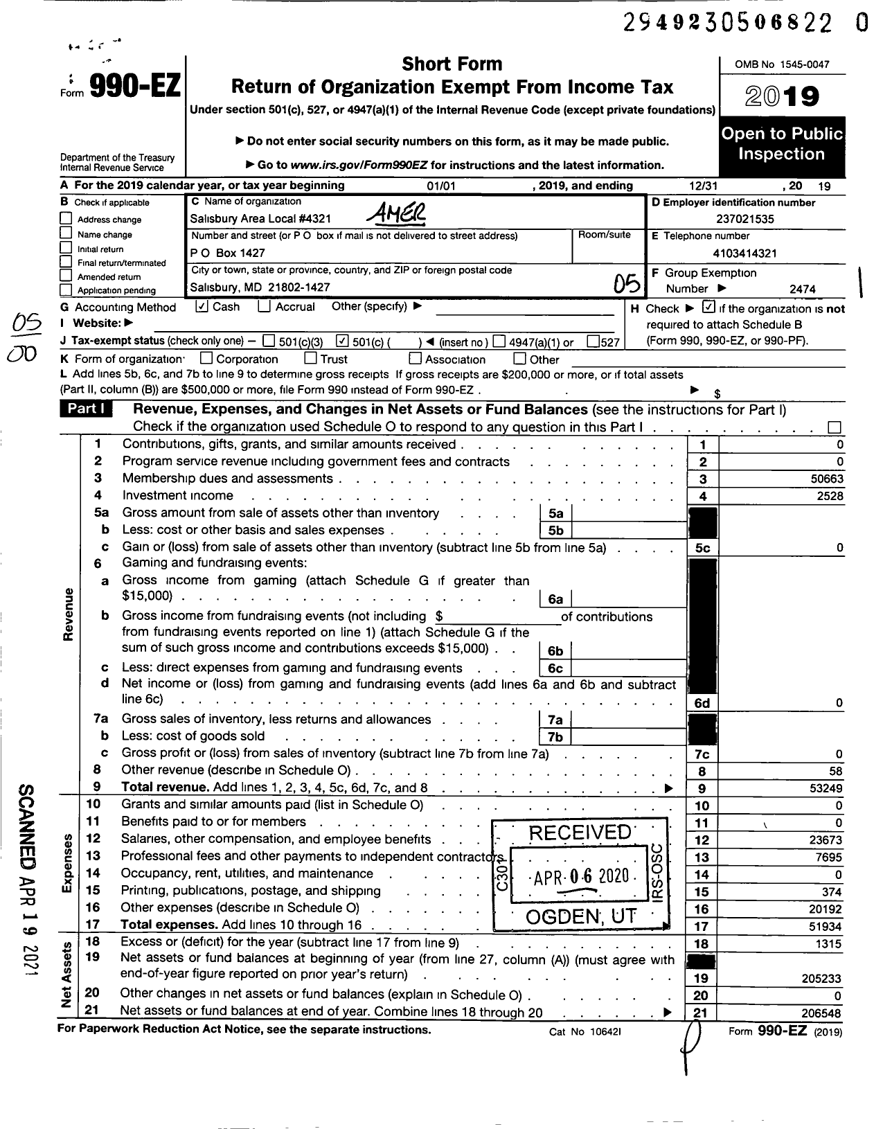 Image of first page of 2019 Form 990EO for AMERICAN POSTAL WORKERS UNION - 4321 Salisbury Area Local