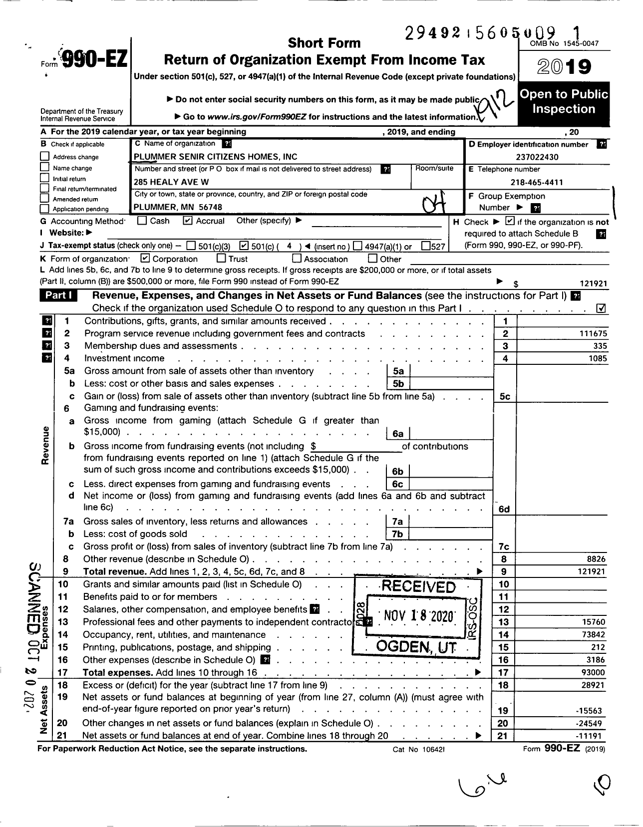 Image of first page of 2019 Form 990EO for Plummer Senior Citizens Homes