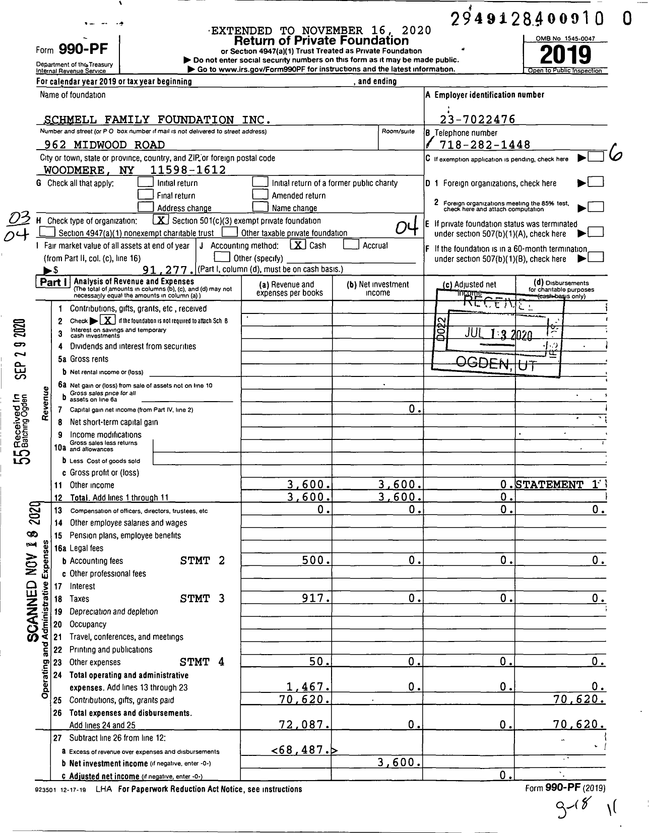 Image of first page of 2019 Form 990PF for Schmell Family Foundation