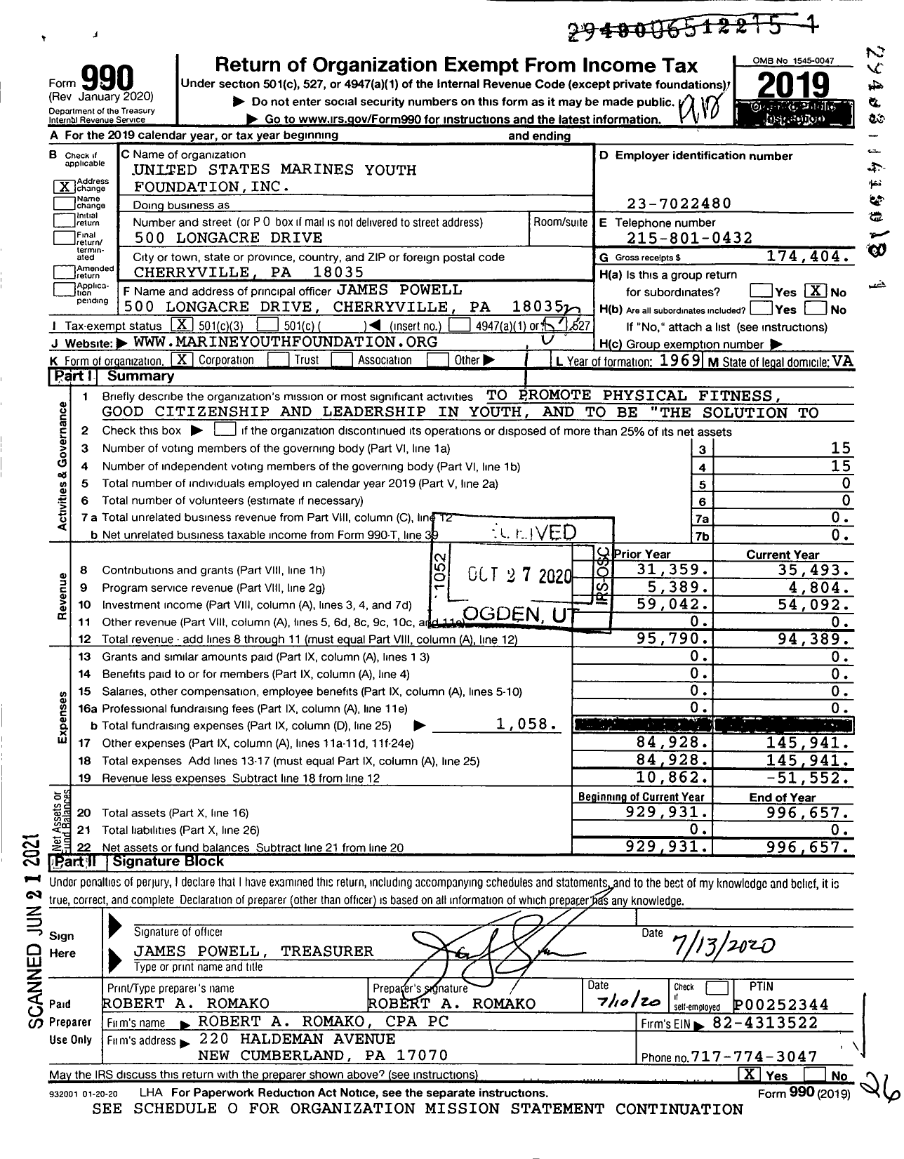 Image of first page of 2019 Form 990 for United States Marines Youth Foundation