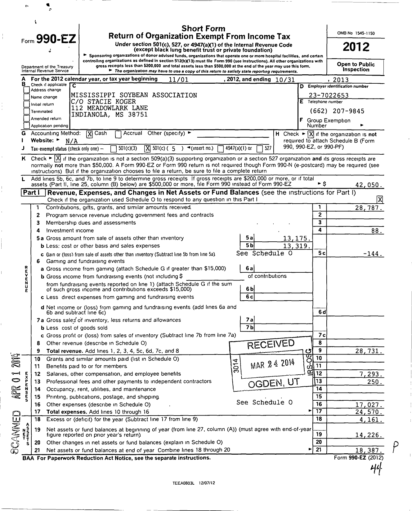 Image of first page of 2012 Form 990EO for Mississippi Soybean Association