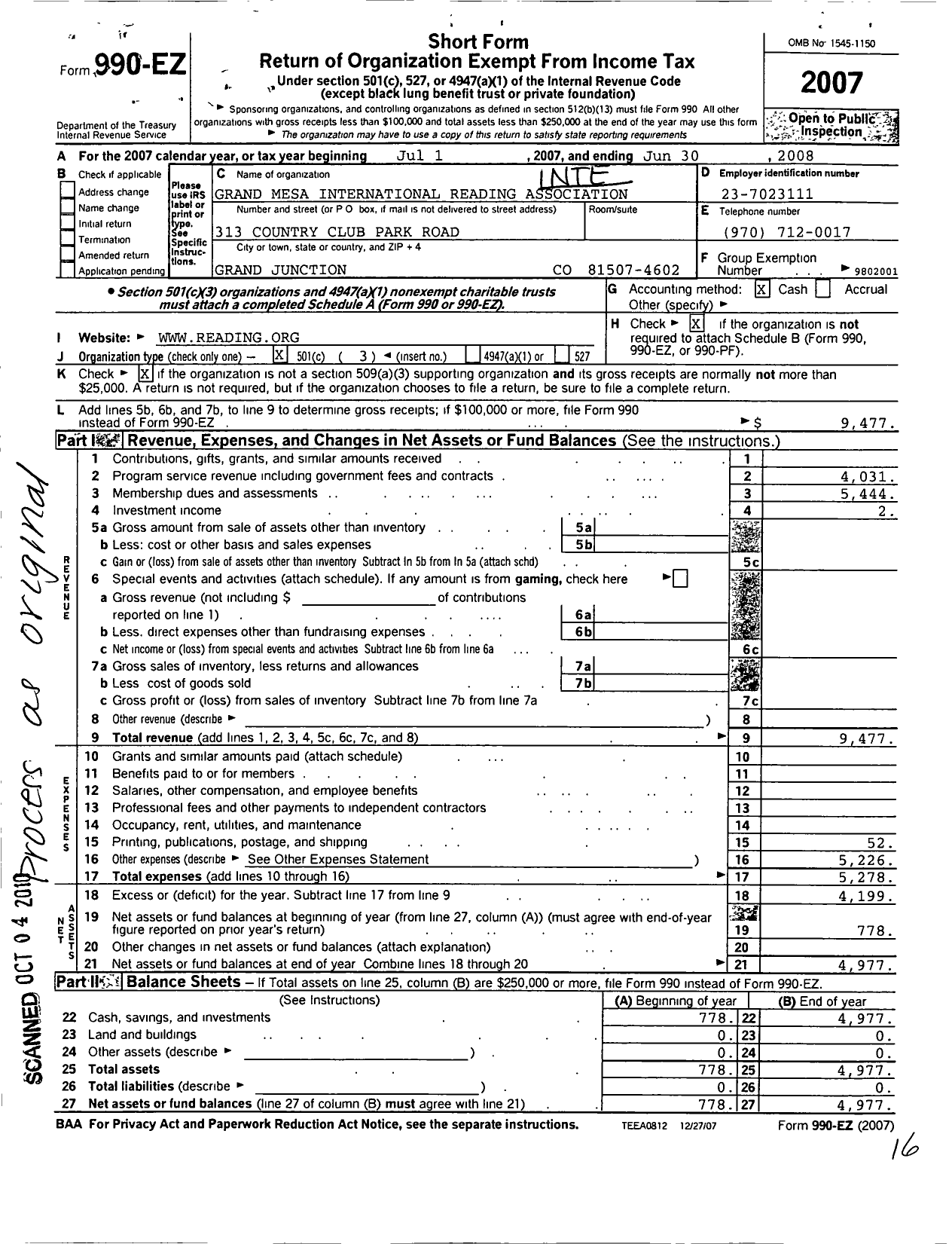 Image of first page of 2007 Form 990EZ for International Reading Association - 07380 Grand Mesa Ira Council