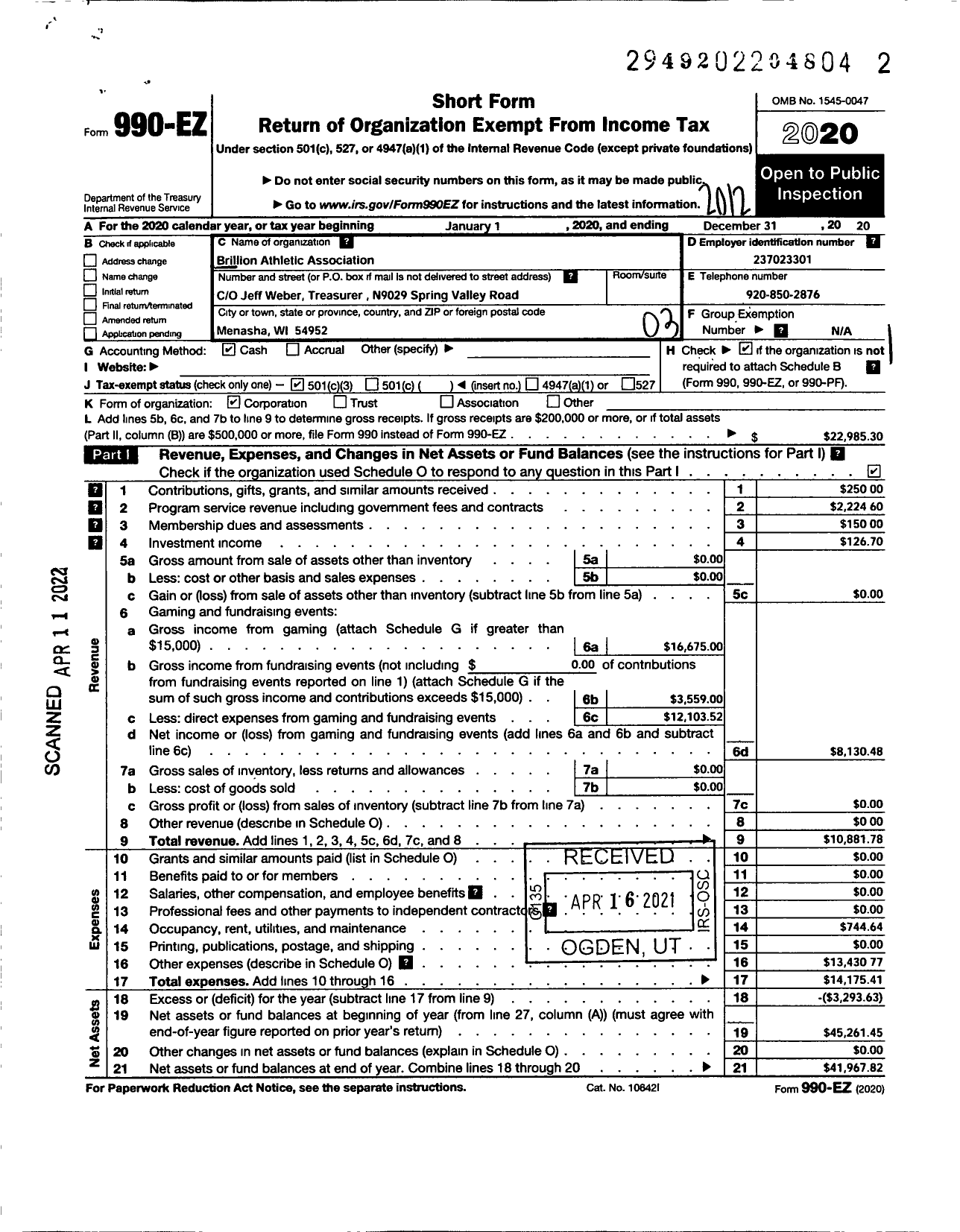 Image of first page of 2020 Form 990EZ for Brillion Athletic Association