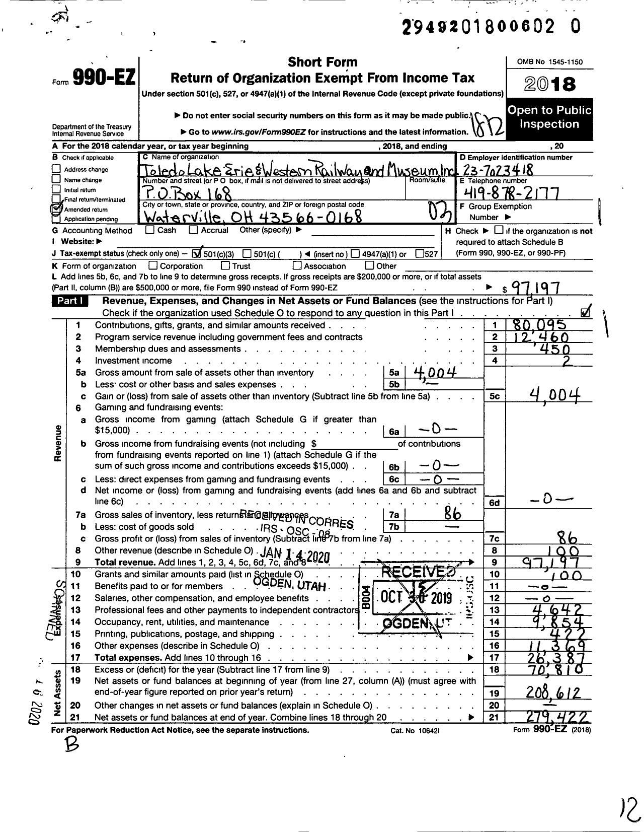 Image of first page of 2018 Form 990EZ for Toledo Lake Erie and Western Railway and Museum