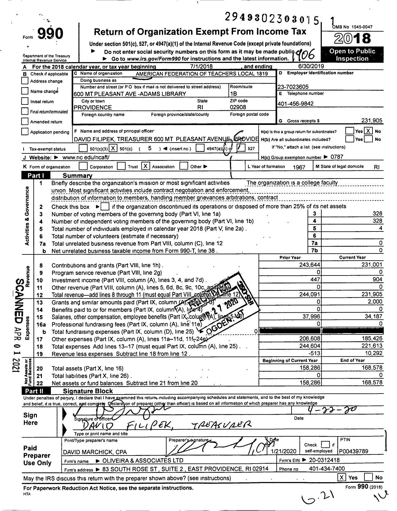 Image of first page of 2018 Form 990O for American Federation of Teachers - 1819 Ric Aft Faculty Union