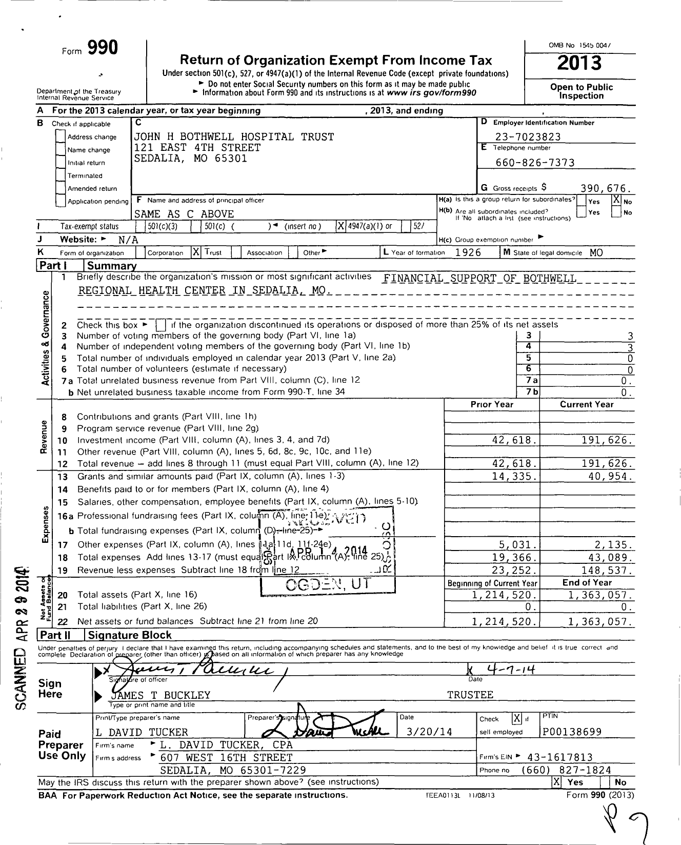 Image of first page of 2013 Form 990O for John H Bothwell Bothwell Trust