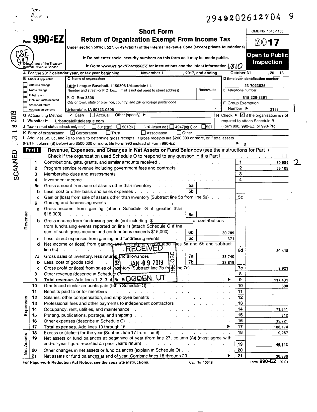 Image of first page of 2017 Form 990EO for Little League Baseball - 1150308 Urbandale LL