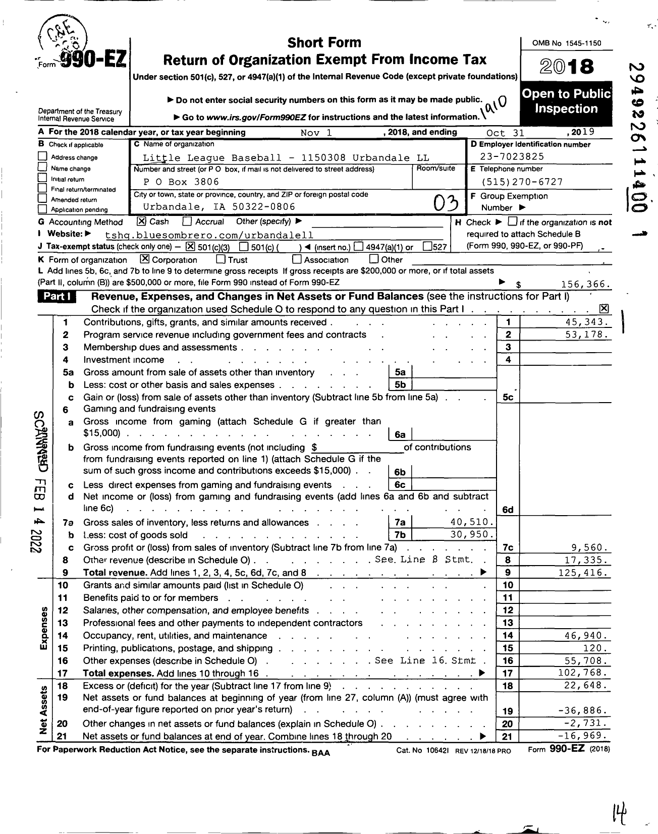 Image of first page of 2018 Form 990EZ for Little League Baseball - 1150308 Urbandale LL