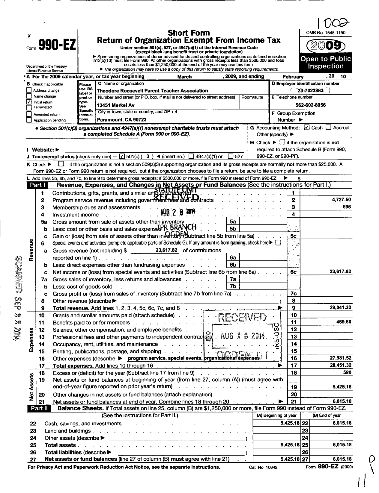 Image of first page of 2009 Form 990EZ for California State PTA - Theodore Roosevelt PTA