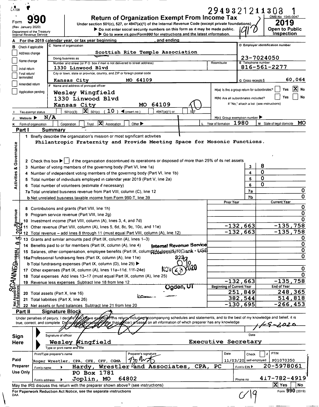 Image of first page of 2019 Form 990O for Scottish Rite Temple Association